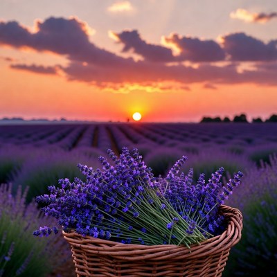 Lavender Bouquet in Basket at Sunset