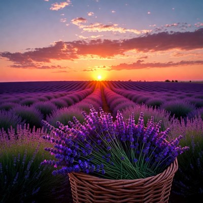 Lavender Field Basket at Sunset