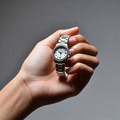Woman's hand holding silver watch