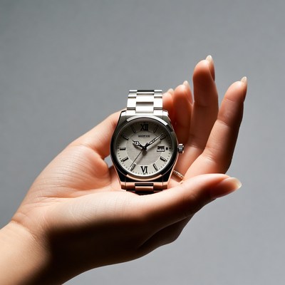 Woman's hand holding silver watch