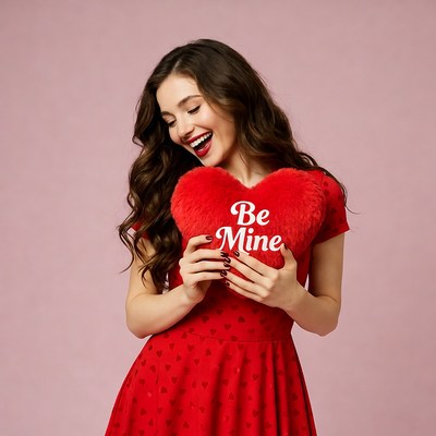 Woman holding 'Be Mine' heart pillow