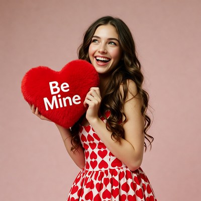 Woman holding Be Mine heart pillow