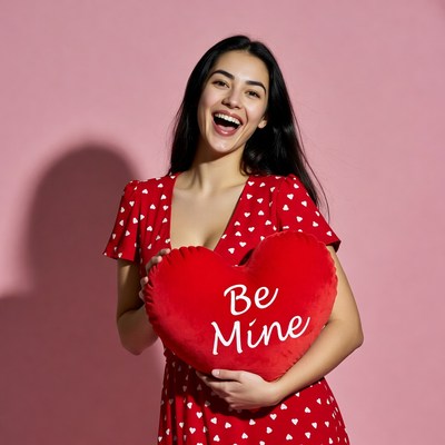 Woman holding Be Mine heart pillow