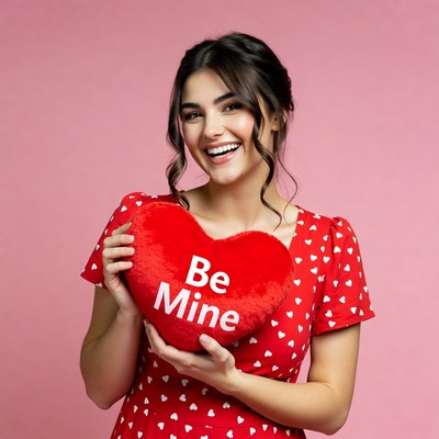 Woman holding Be Mine heart pillow