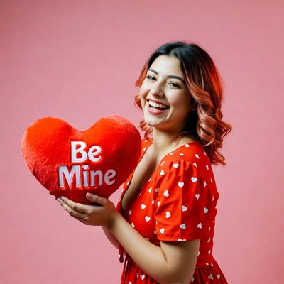Woman holding Be Mine heart pillow