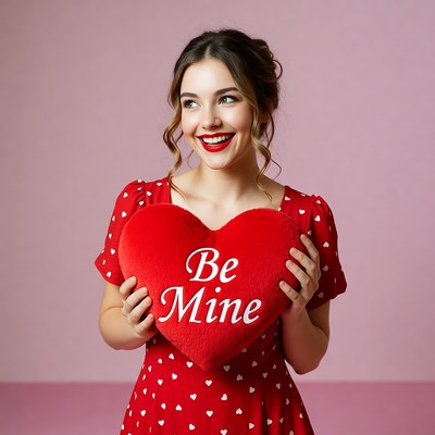Woman holding Be Mine heart pillow
