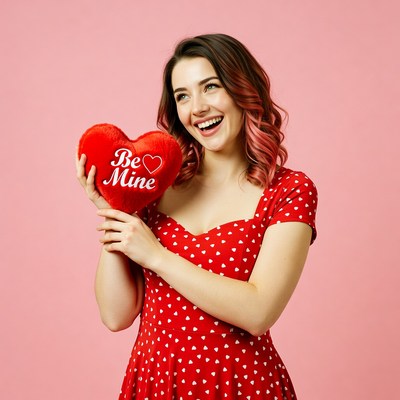 Woman holding Be Mine heart pillow
