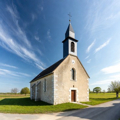 Stone Chapel with Steeple in Countryside