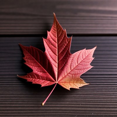 Red Maple Leaf on Dark Wood
