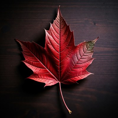 Red Maple Leaf on Dark Wood