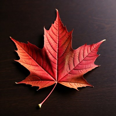 Red Maple Leaf on Dark Wood