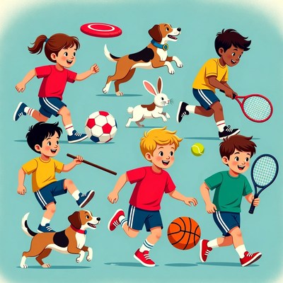 Children playing with animals and sports