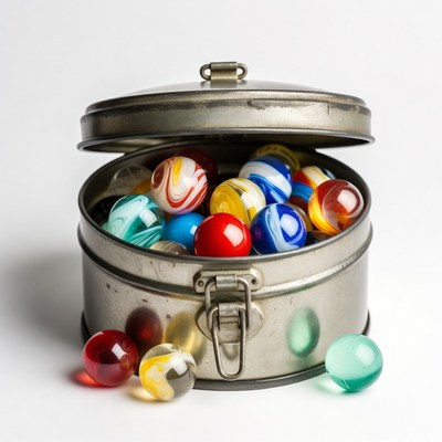 Colorful Marbles in Open Metal Tin