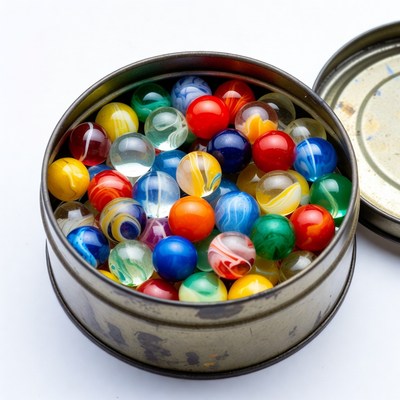 Colorful Marbles in Open Tin Can