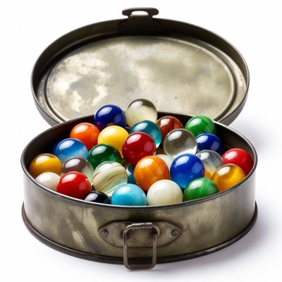 Colorful Marbles in Open Metal Tin