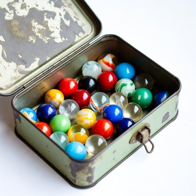 Colorful marbles in open tin box