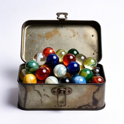 Colorful Marbles in Open Tin Box