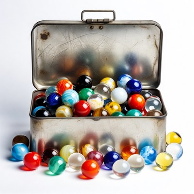 Colorful Marbles in Open Metal Box