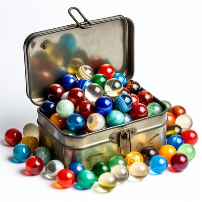 Colorful Marbles in Open Metal Tin