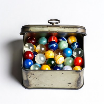 Colorful Marbles in Open Metal Tin
