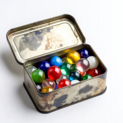 Colorful marbles in open tin box