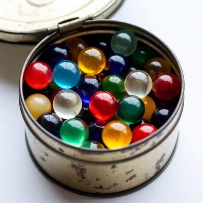 Colorful marbles in open tin