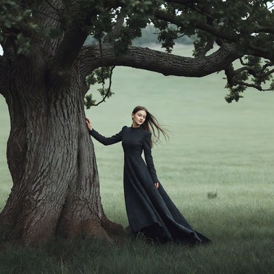 Woman in black dress by oak tree