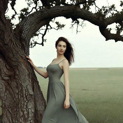 Woman leaning against large tree