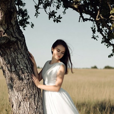 Woman in white dress by tree