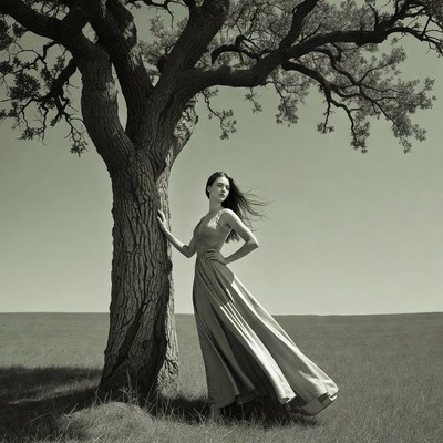 Woman in flowing gown by tree
