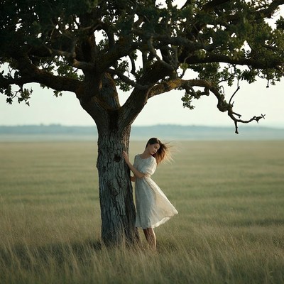 Woman hugging tree in field