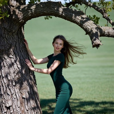 Woman leaning against tree in green dress