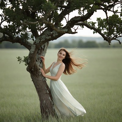 Woman in white dress by tree