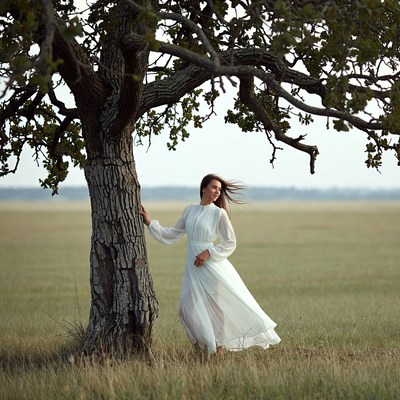 Woman in white dress by tree