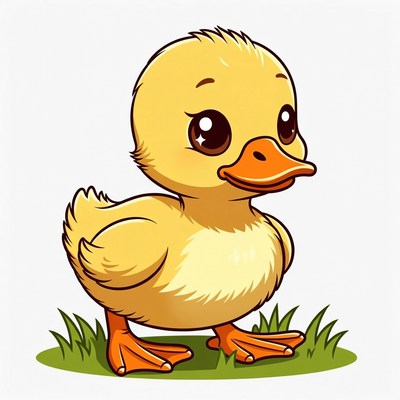 Cute yellow duckling on grass
