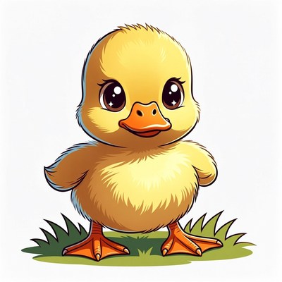 Cute yellow duckling on grass