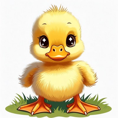 Cute yellow duckling on grass
