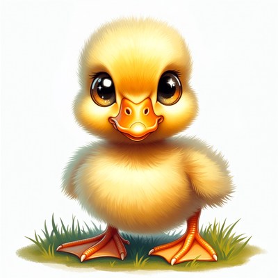 Cute yellow duckling on grass
