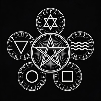 Pentagram with Elemental Symbols and Runes