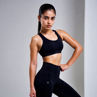 Young woman in black sports bra leggings