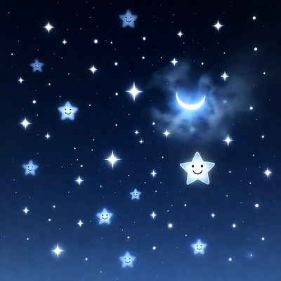 Cute Smiling Stars and Crescent Moon Night Sky