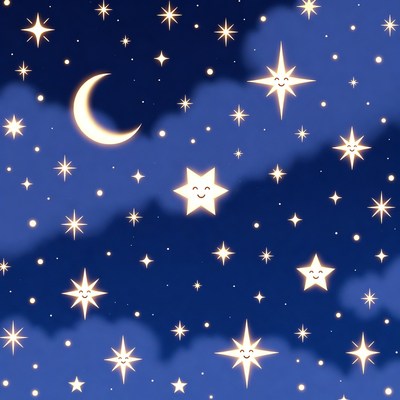 Smiling Stars and Crescent Moon Night Sky