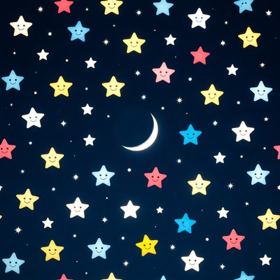 Colorful Smiley Stars and Crescent Moon