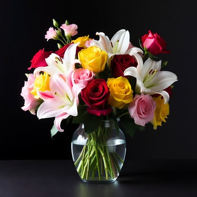 Colorful Roses and Lilies Bouquet in Vase