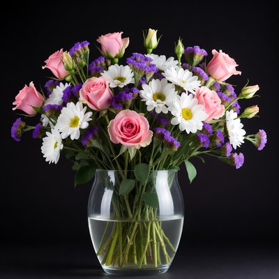 Pink Roses Daisies in Glass Vase