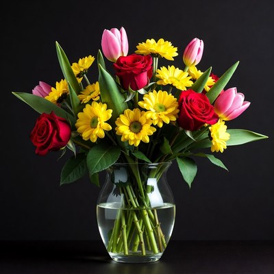 Colorful Roses and Tulips in Vase
