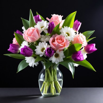 Pink Roses Tulips Daisies in Glass Vase