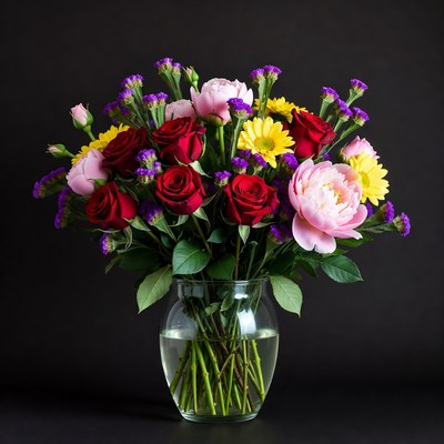 Colorful Roses Bouquet in Glass Vase