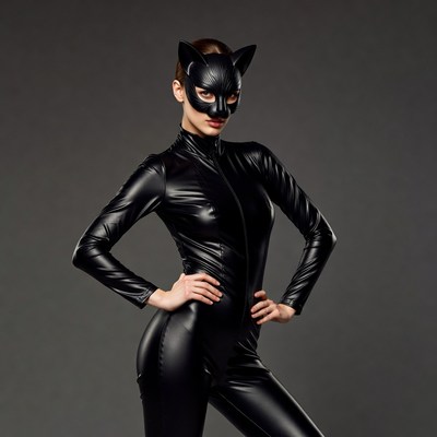 Woman in black catwoman mask and catsuit