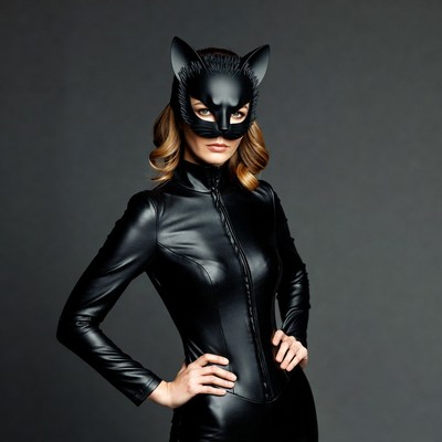 Woman in black catwoman mask and leather suit